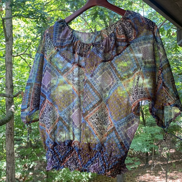 Boho Peasant Blouse with fitted waist, drawstring ties M - Picture 9 of 11